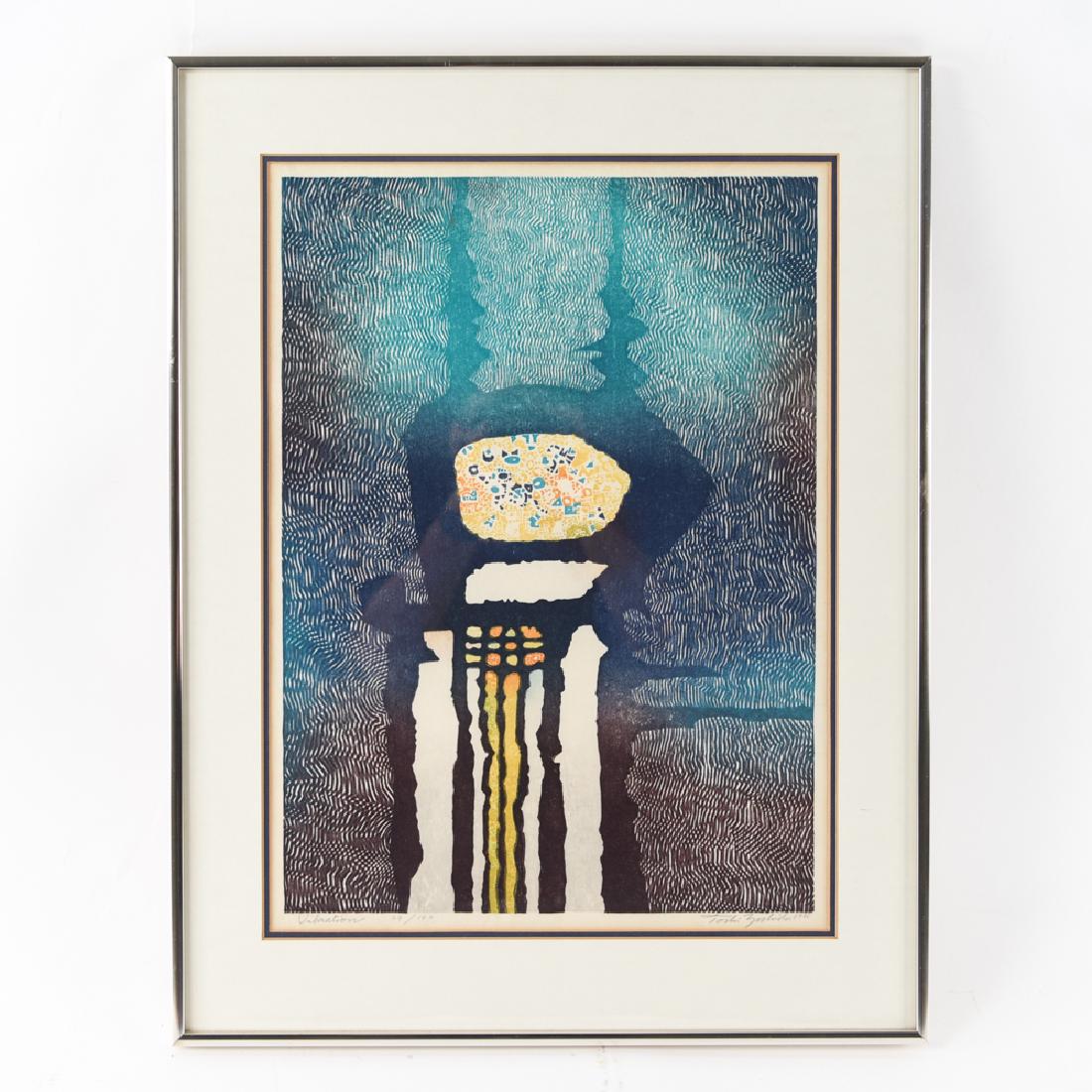 TOSHI YOSHIDA (JAPANESE 1911-1995): Signed, titled "Vibration," and numbered 44/100 lower edge. Dated '66. Color woodblock print. Dimensions: (Frame) H 26.25" x W 20.25", (Sight) H 20.5" x W 14.75" Condition: Some toning to edges of pap