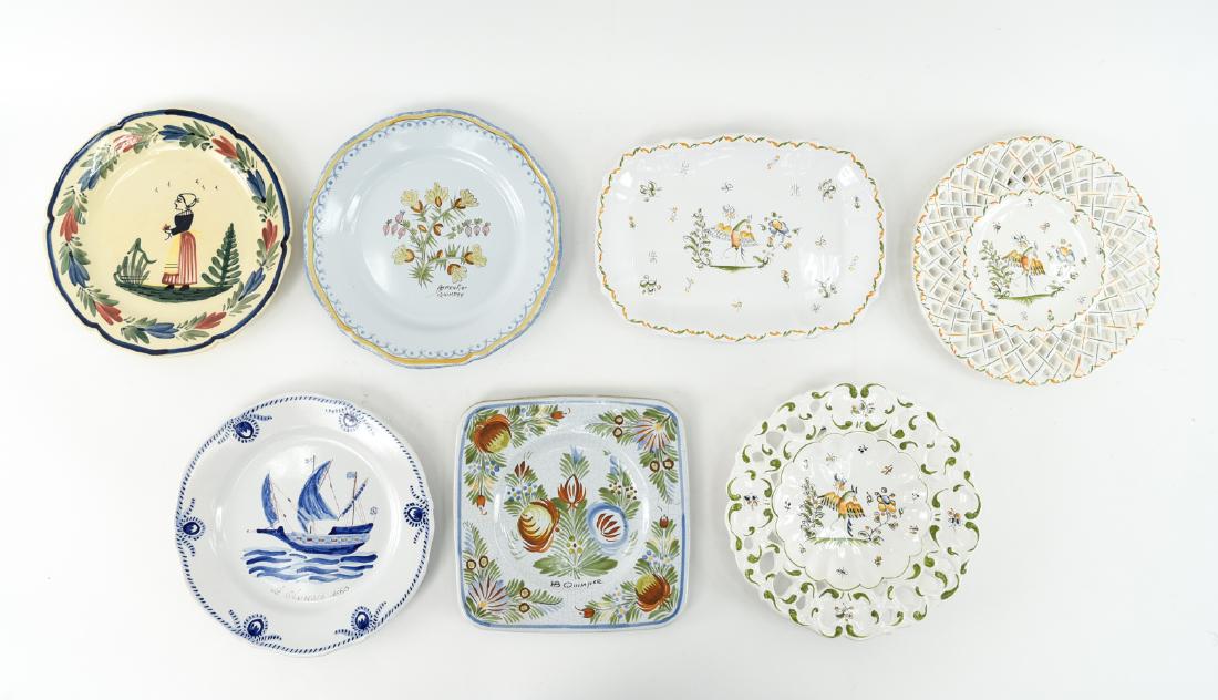 GROUPING OF FRENCH POTTERY INCL. QUIMPER: (7) pieces including Quimper and Dux Moustiers. Dimensions: (Rectangle) H 1" x W 11" x D 8" Condition: One plate with crack and chip. Few pieces with crazing.