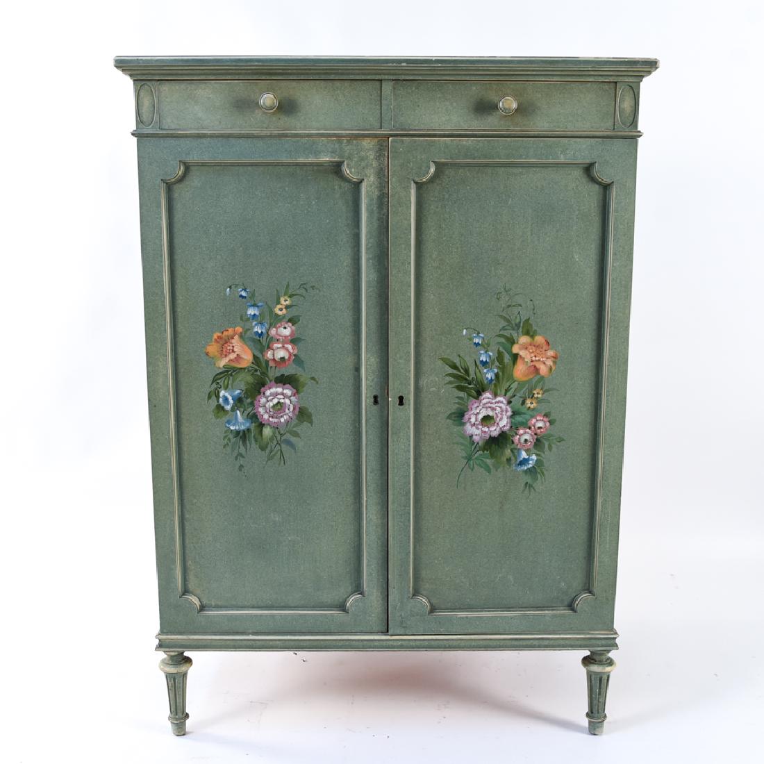 FLORAL PAINTED CABINET: Dimensions: H 50.25" x W 36.25" x D 23.5" Condition: Some paint loss, nicks, dings. Wear consistent with age and use. Repair to one leg.