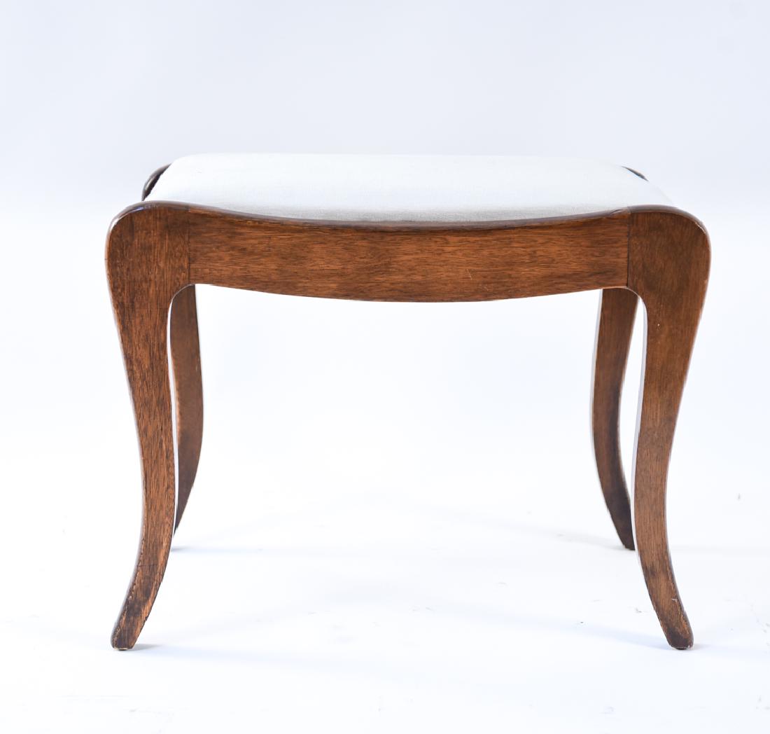 VINTAGE 20TH C. UPHOLSTERED FOOTSTOOL: Dimensions: H 17" x W 22" x D 15" Condition: Some scuffs and scratches to wood. Newly upholstered linen top.