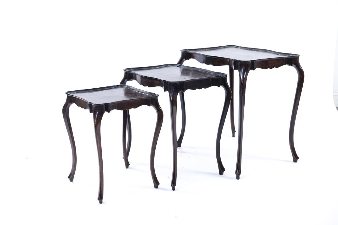 NESTING TABLES: Dimensions: (Largest) H 23" x W 22.5" x D 16.25" Condition: Wear consistent with age and use. Nicks, dings, surface wear. Old repairs to legs.
