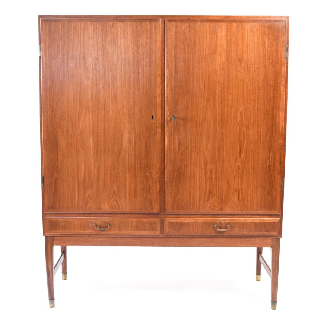 DANISH MID-CENTURY TEAK CABINET: Dimensions: H 58" x W 47" x D 17.5" Condition: Missing veneer, scratches, finish wear, some dings, water staining, tarnish to feet, some joint separations. Repairs to base. Some gouges and dents. Wear