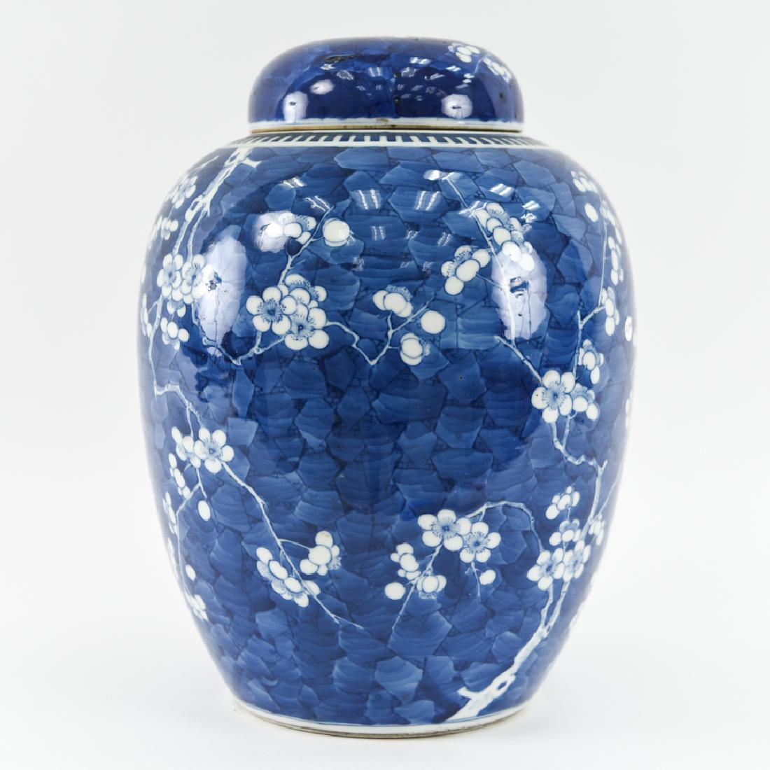 19TH C. CHINESE BLUE AND WHITE GINGER JAR: Dimensions: H 13.5" x Dia. 9.25" Condition: Few surface imperfections to ceramic particularly on lid.