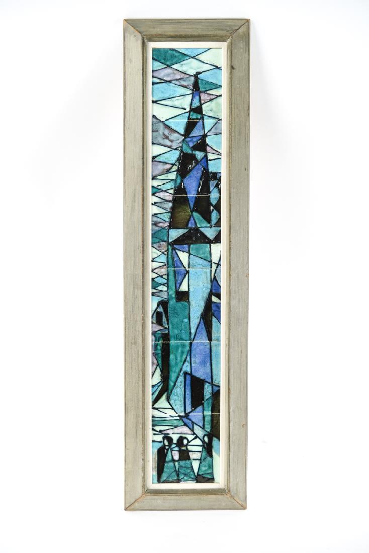 HARRIS G. STRONG MID-CENTURY CERAMIC TILE ART: Label verso. Dimensions: (Frame) H 40.75" x W 10.25", (Sight) H 35.75" x W 5.75" Condition: Wear to frame.