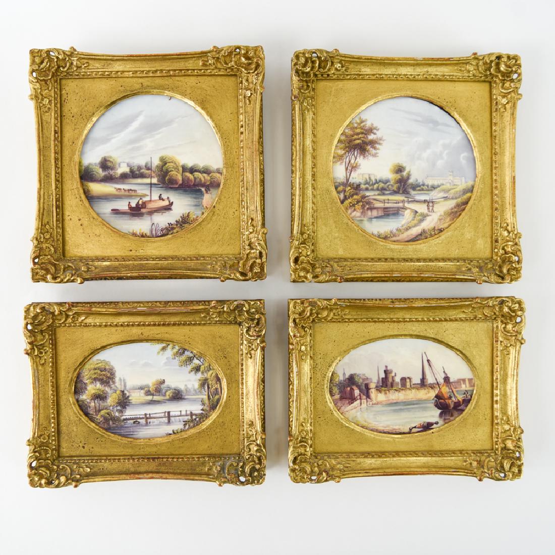 (4) 19TH C. SPODE PAINTED PORCELAIN PLAQUES: Two circular, two ovals. Views of British houses etc. All identified on the back. Frames with Arthur Ackermann & Son Inc. NYC. Dimensions: (Largest frame) H 7.25" x W 7.25", (Porcelain) Dia. 4.75" Con