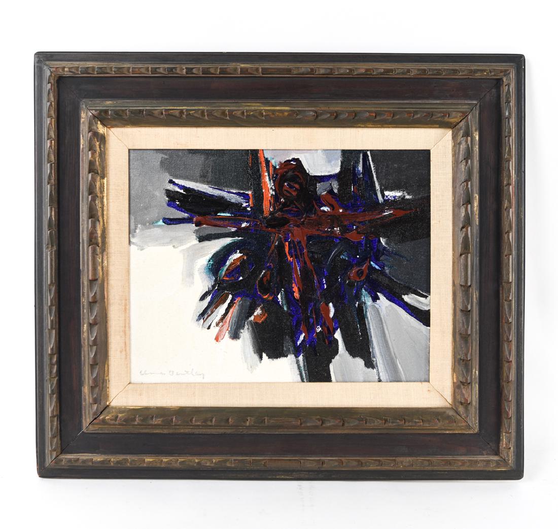CLAUDE BENTLEY (1915 - 1990) ABSTRACT PAINTING: Acrylic on canvas. Signed lower left. COA attached verso from W & J Sloane, NYC with title Abstract #1. Dimensions: (Frame) H 19.5" x W 22.5" (Painting) H 11" x W 14" Condition: Slight corner separati