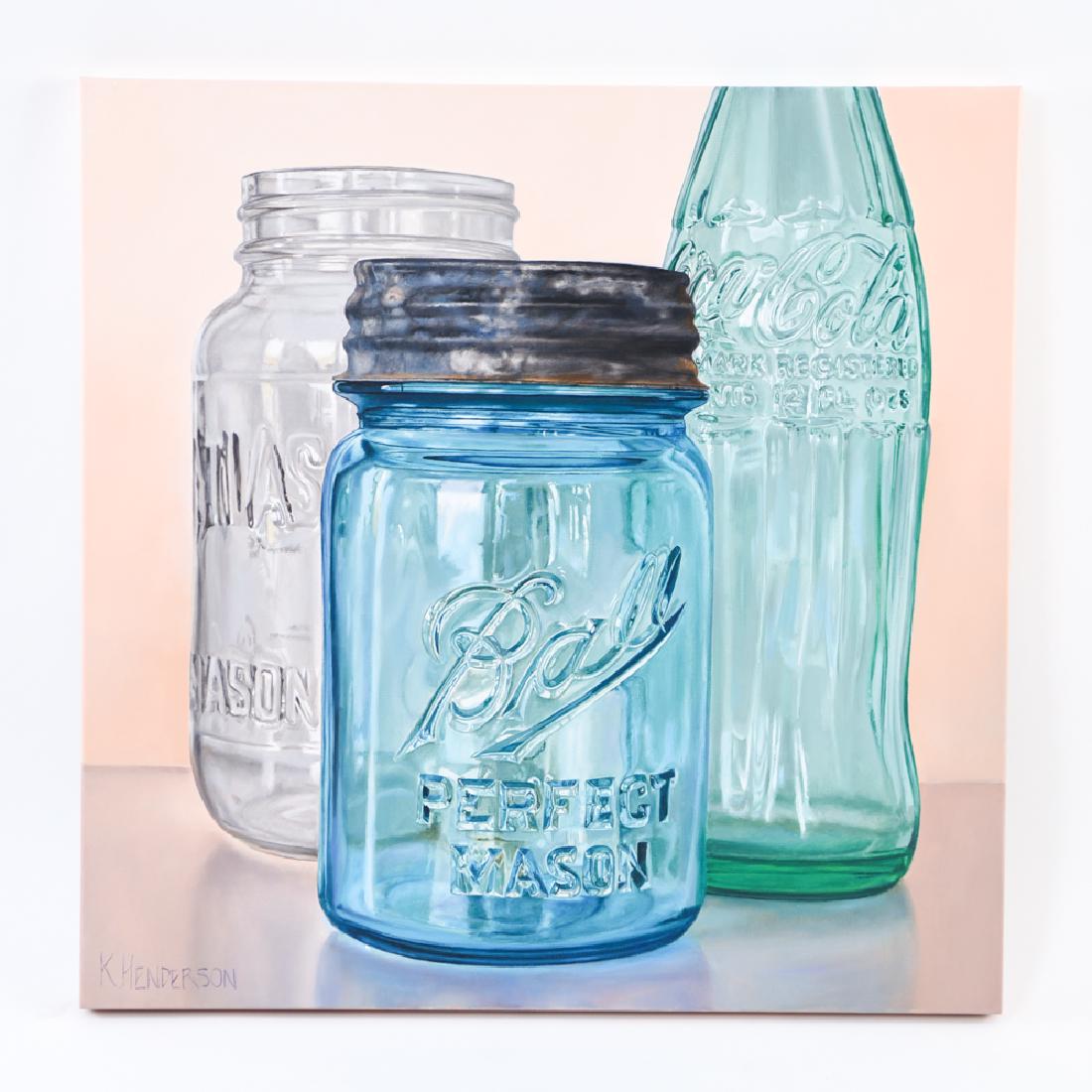 REALIST POP ART MASON JARS PAINTING BY K HENDERSON: Signed K. Henderson lower left. Dimensions: H 30" x W 30" Condition: No issues to note.