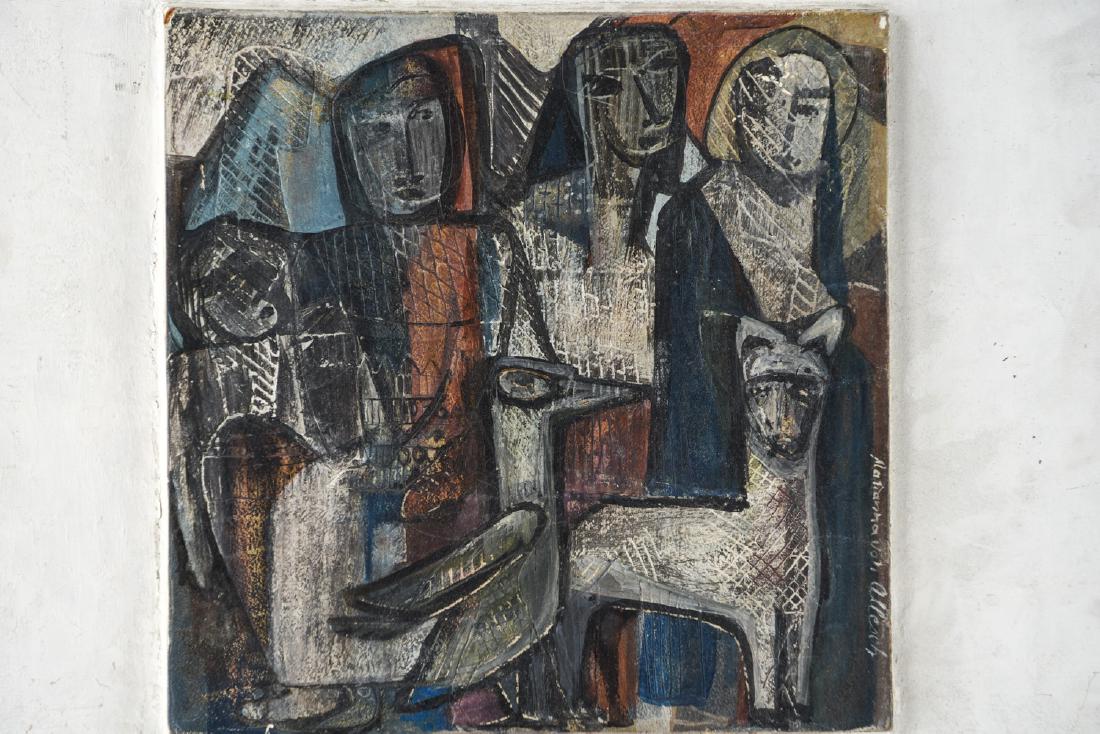 MARIANNA VON ALLESCH ABSTRACT PAINTING: Tempera on incised panel. Signed along lower edge. Panel mounted to larger panel. Dimensions: (Overall) H 22" x W 24", (Painting) H 13.5" x W 13.5" Condition: Losses to corners. Some cracks to edges w