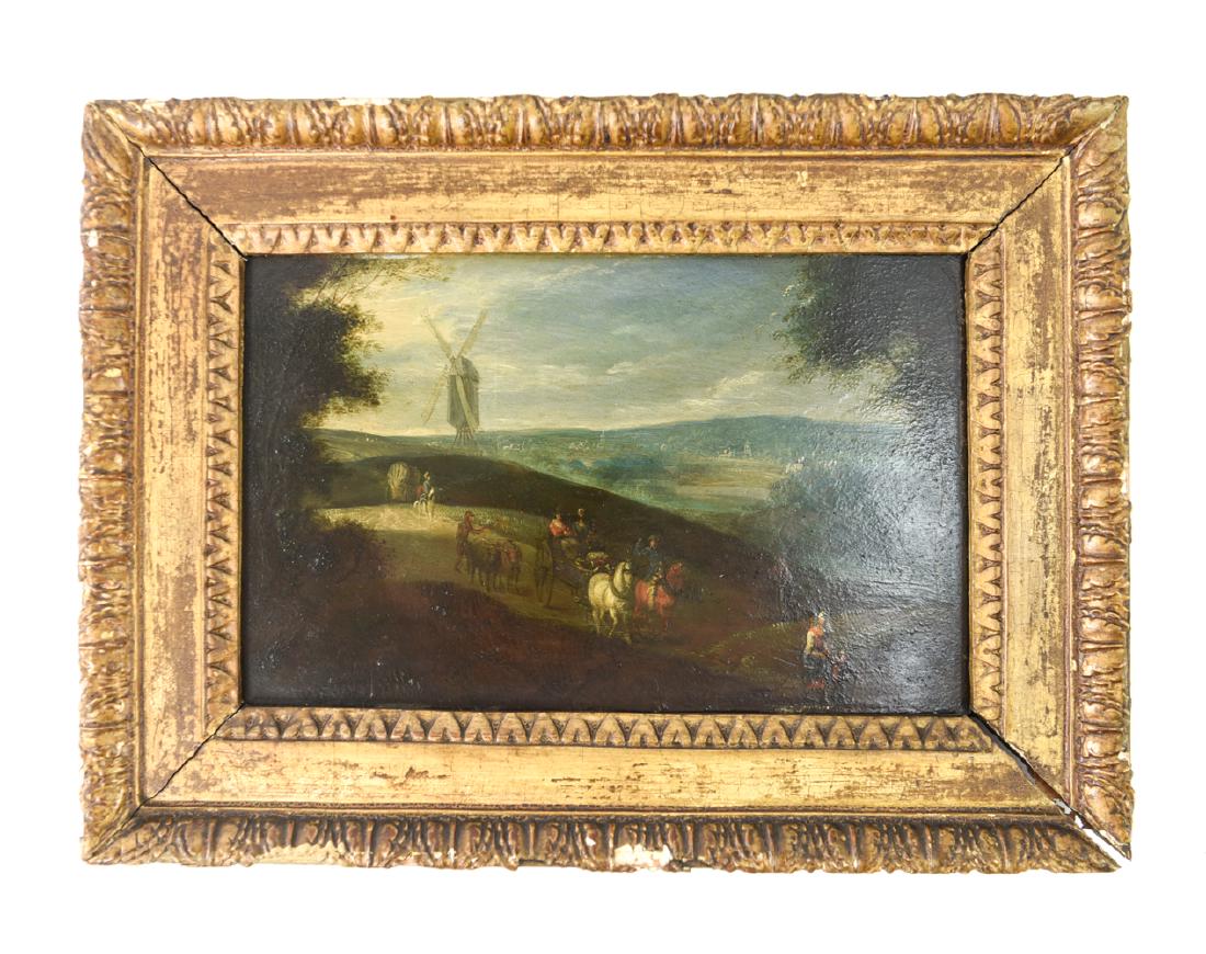 SCHOOL OF JAN BRUEGHEL II: 17th Century oil on copper. Apparently unsigned. Dimensions: (Frame) H 7.25" x W 9.75", (Sight) H 4.25" x W 7" Condition: Yellowed varnish. Few areas with small losses to frame.
