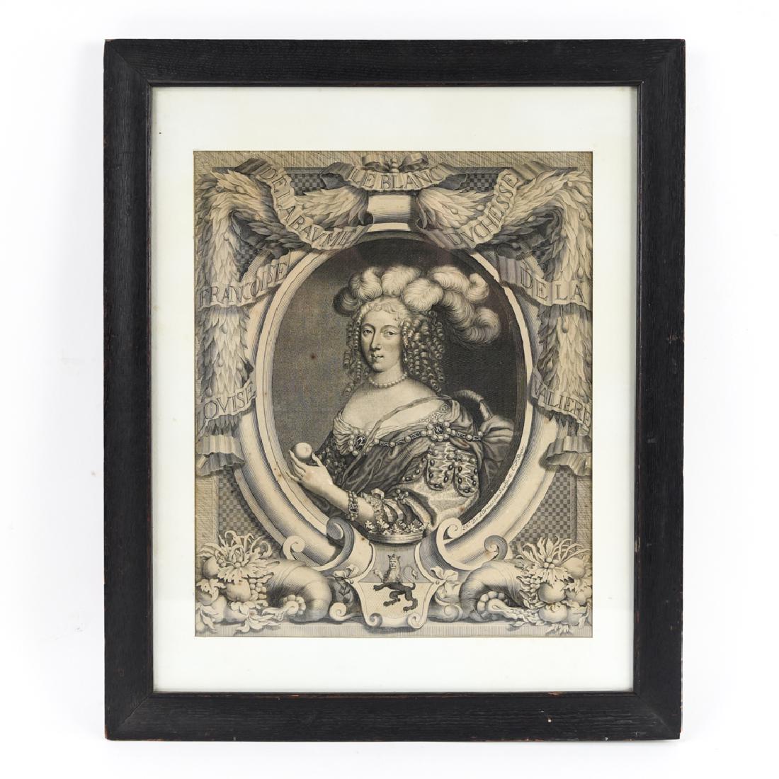 NICHOLAS DE LARMESSIN (FRENCH 1652-1733): Engraved portrait of duchess Louise Valiere. Dimensions: (Frame) H 23" x W 18.75", (Sight) H 16" x W 12.75" Condition: Some toning, few spots of foxing. Light wear to frame. Provenance: Daycroft Schoo