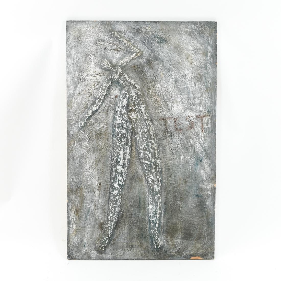 MODERNIST MIXED MEDIA 3-D PAINTING: Three dimensional painted plaster on panel. Antiqued look. Titled "Test." Indistinctly signed, titled, and dated 1989 verso. Dimensions: H 48" x W 30" Condition: Losses at bottom edge and right and le