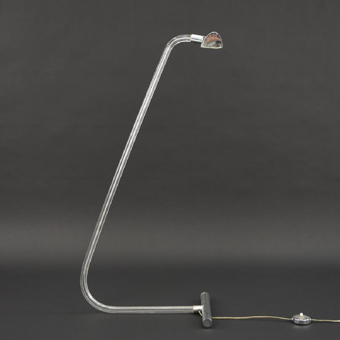 PETER HAMBURGER LUCITE FLOOR LAMP: Unmarked. Dimensions: H 42" x W 21" x D 14" Condition: Some light corrosion and scratches to chrome. Lucite with some surface scratches. Not tested. Couple dents on shade.