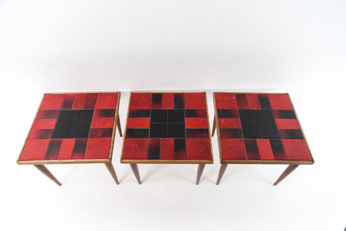 (3) MID-CENTURY TILE TOP STACKING TABLES: Dimensions: (Each) H 15" x W 16" x D 16", (Stacked) H 17" Condition: One tile cracked. Finish wear and nicks and dings to wood.
