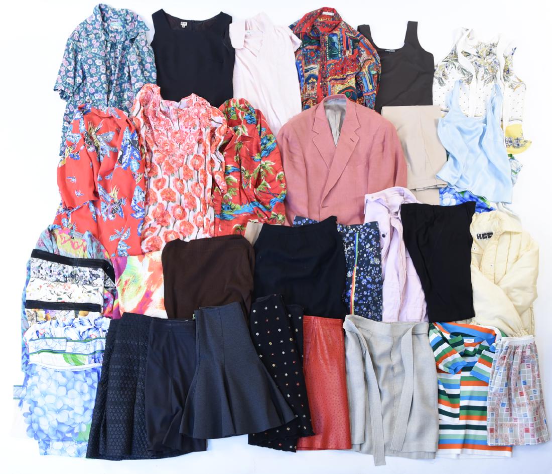 GROUPING OF LADIES VINTAGE & DESIGNER CLOTHES: Large mixed grouping including silk and satin tops, Zara Women satin and silk pants, Moschino wool skirt, funky and unique pieces, embroidered and leather, some cashmere. Count: Approximately 50+ piec