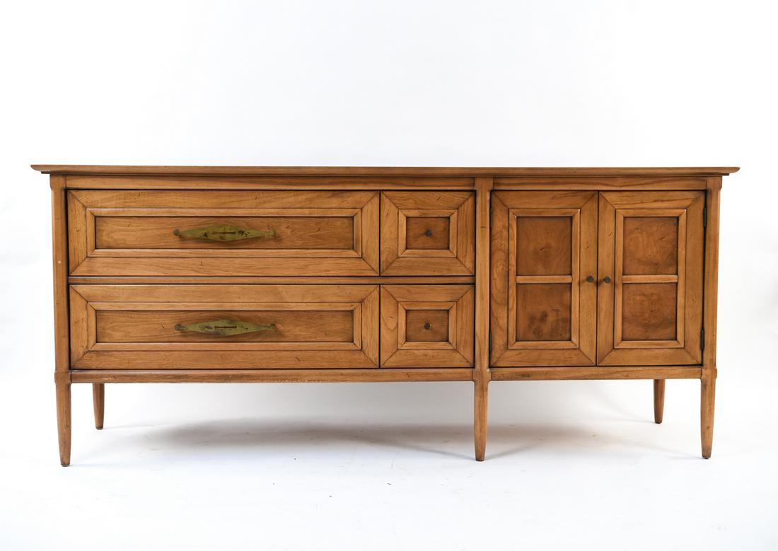 MID-CENTURY SIDEBOARD: Dimensions: H 32.5" x W 75.5" x D 19.5" Condition: Scuffs, scratches, nicks, and fading to top.