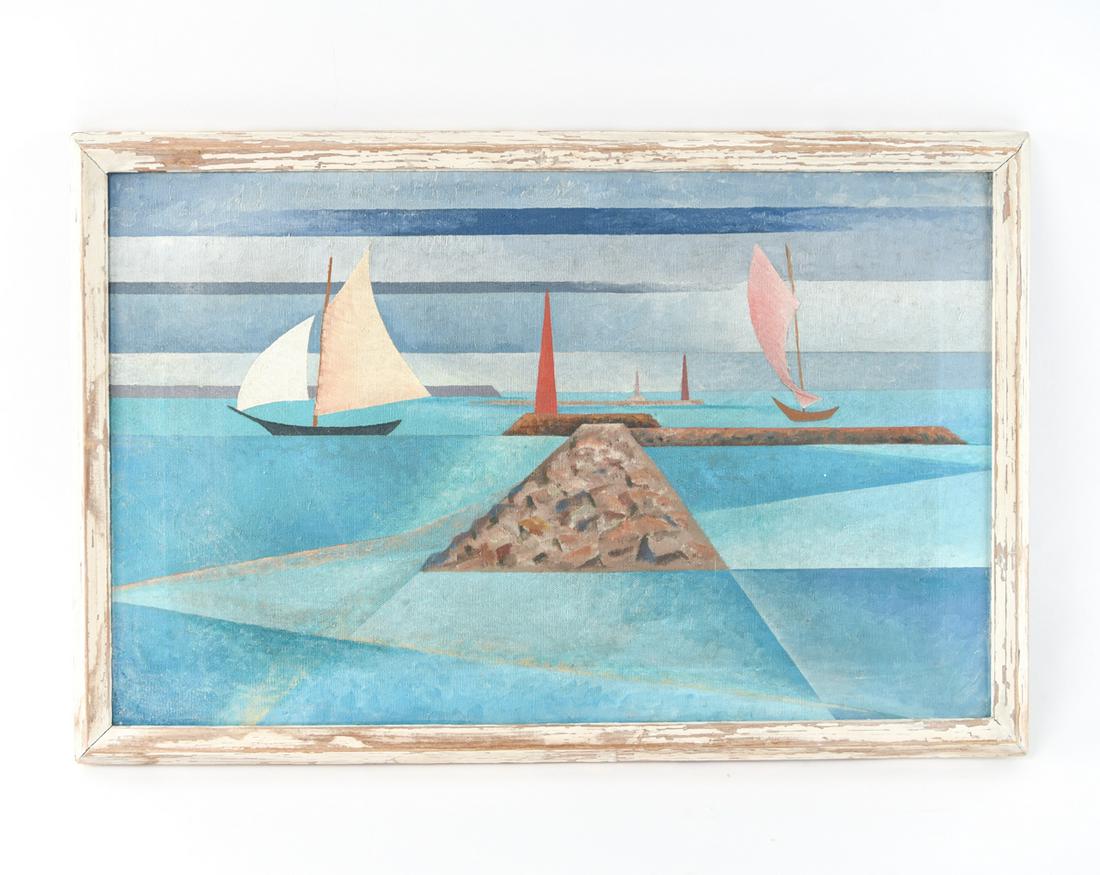 MODERNIST HARBOR SCENE OIL ON CANVAS (1 of 8)