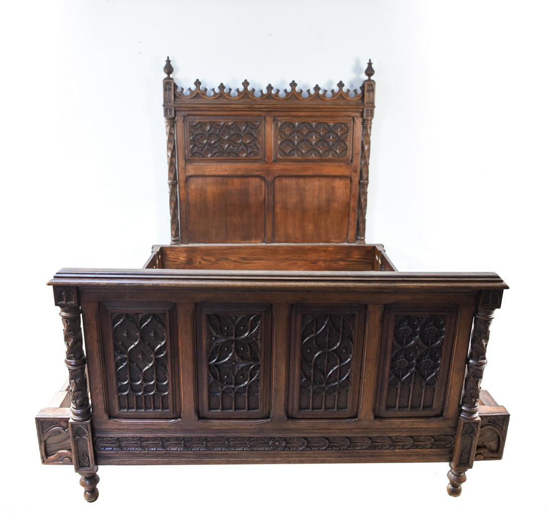 19TH C. GOTHIC REVIVAL CARVED OAK FULL BED (1 of 15)