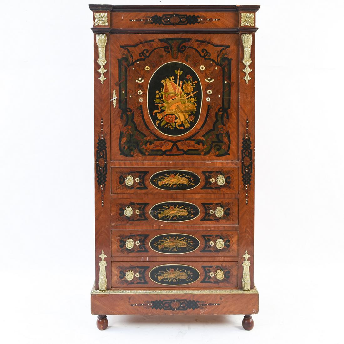 TALL FRENCH STYLE FAUX INLAY PAINTED CABINET CHEST (1 of 20)