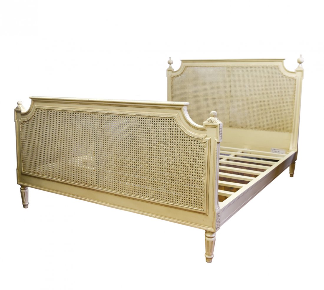CANED QUEEN BED FRAME: Dimensions: (Headboard) H 52" x W 64" x D 2.5" Condition: Loss to paint, rips in cane, tape residue.