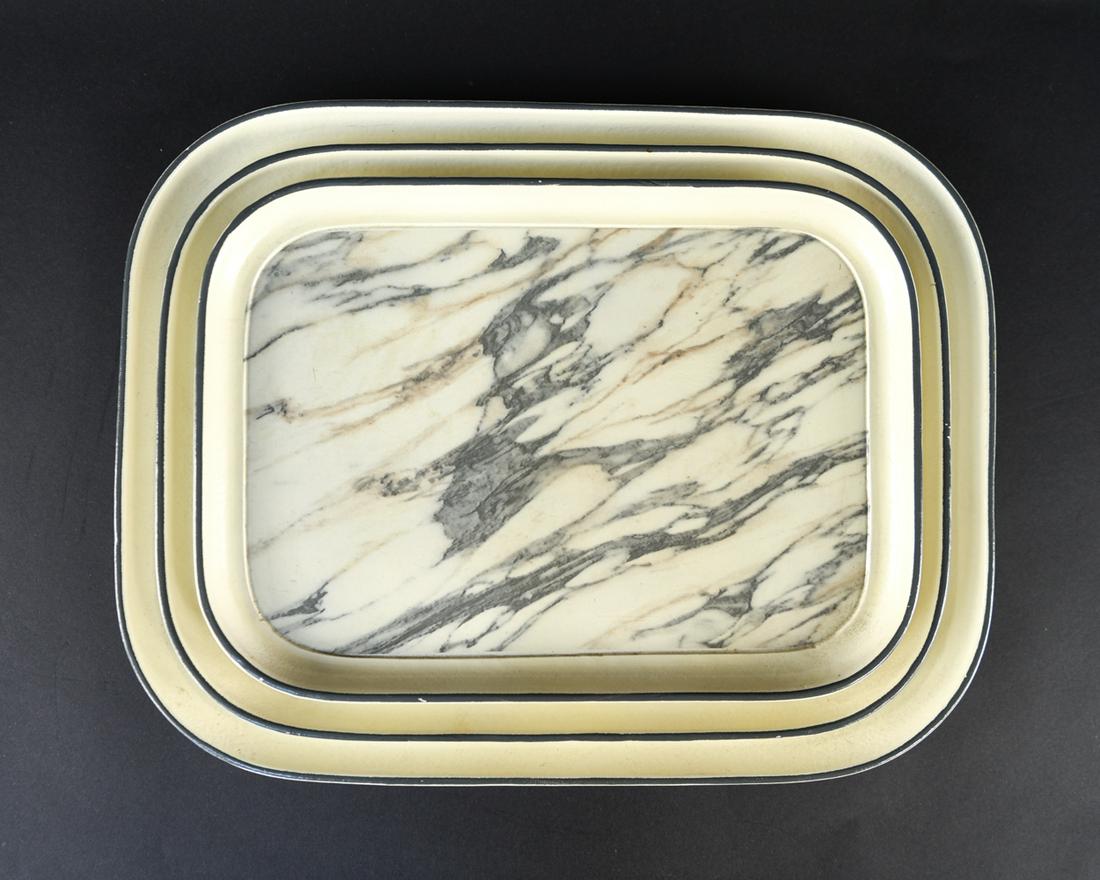 ITALIAN MID-CENTURY FAUX MARBLE NESTING TRAYS: Made in Italy sticker. Dimensions: (Largest) H 1" x W 18.25" x D 14" Condition: Few small losses to paint.
