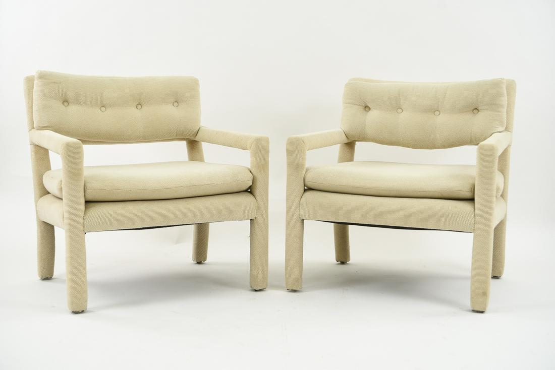 MANNER OF MILO BAUGHMAN PARSONS LOUNGE CHAIRS: Dimensions: H 30" x W 27.25" x D 26" x SH 16" Condition: Few spots and stains to upholstery.