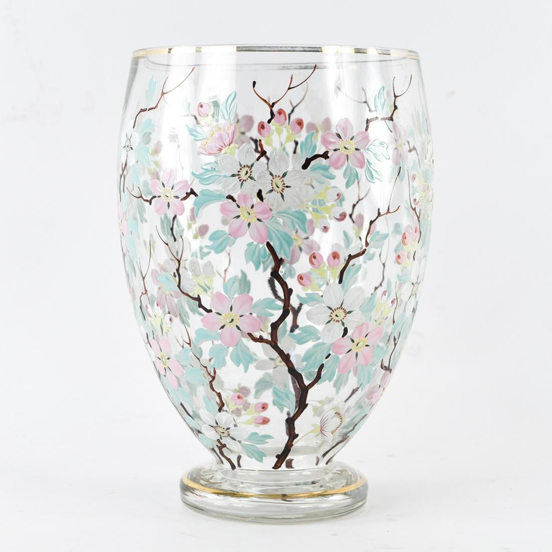 ANTIQUE BOHEMIAN GLASS PAINTED FLOWERS VASE: Dimensions: H 12" x Dia. 8" Condition: Few flea bites to edge. Surface scratches to underside. Some surface dirt. Wear to paint.