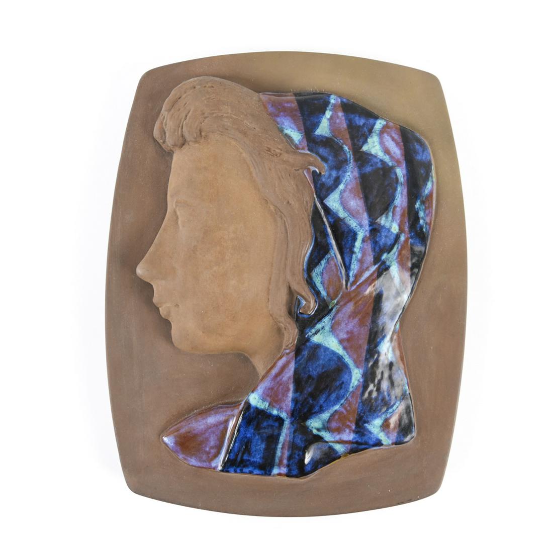 JOHANNES HEDEGAARD FOR ROYAL COPENHAGEN PLAQUE: Stoneware wall plaque. "Woman in Profile." Fully marked verso. Dimensions: H 13" x W 10" x D 1.25" Condition: Some scuffs and wear to surface.