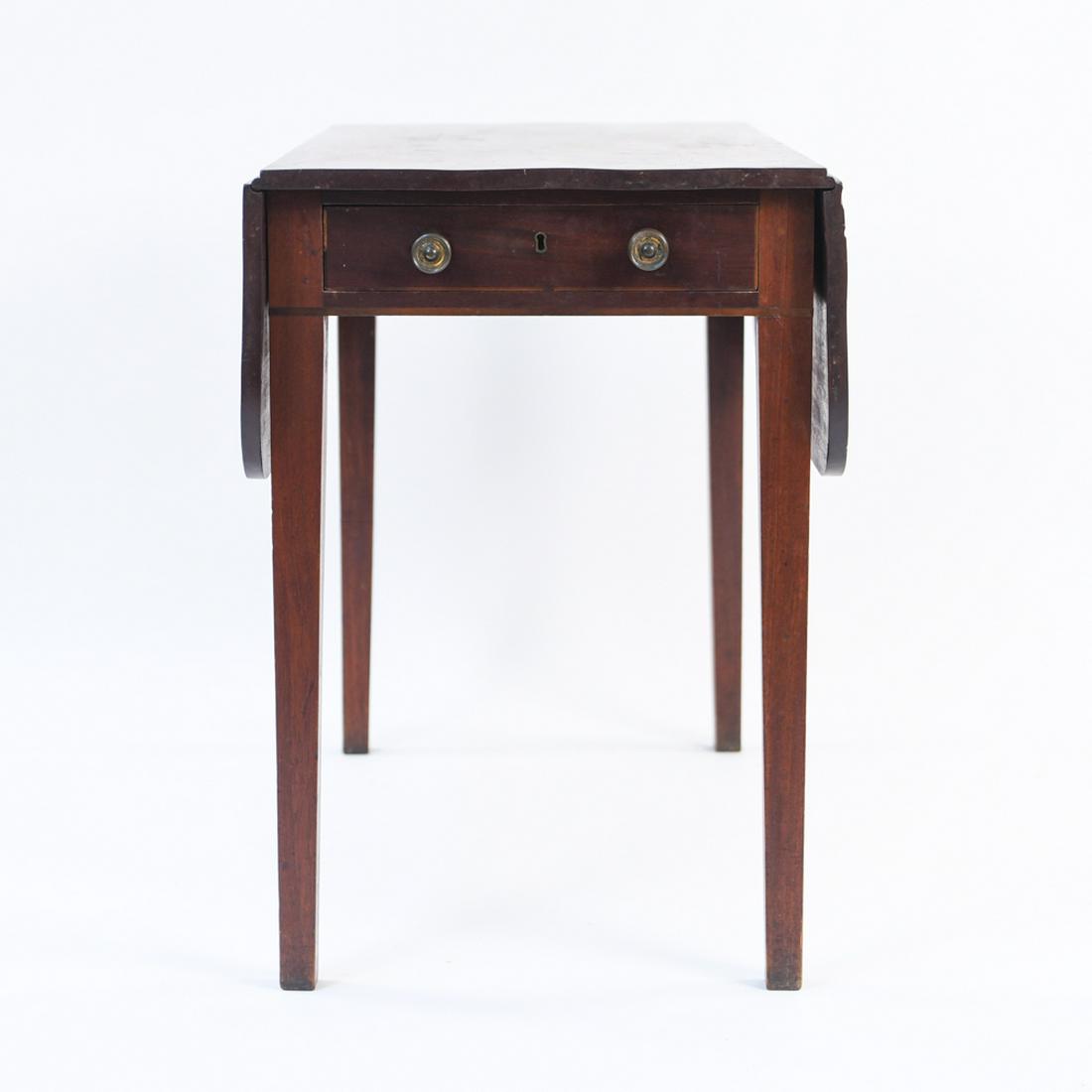 MAHOGANY DROP LEAF SIDE TABLE: Dimensions: (Leaves down) H 28" x W 34" x D 19.25", (Each leaf) D 10" Condition: Finish wear, marks to surface, some water stains. Nicks, dings, scratches, and scuffs.