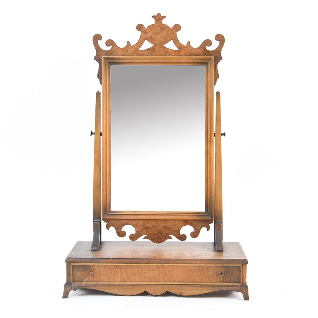 BURLWOOD SHAVING/VANITY MIRROR: Dimensions: H 32.75" x W 20" x D 8" Condition: One drawer pull detached but included. Finish wear, marks to surface, some water stains. Wear consistent with age and use.