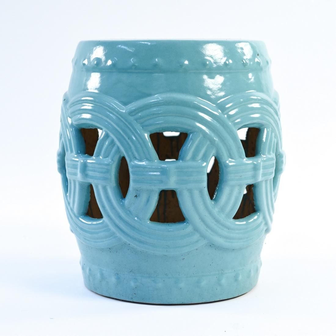 CERAMIC GARDEN SEAT: Dimensions: H 17.5" x Dia. 13.5" Condition: Crazing. Few imperfections to glaze.