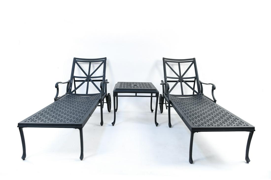 PAIR OF OUTDOOR PATIO CHAISE LOUNGES & SIDE TABLE (1 of 17)