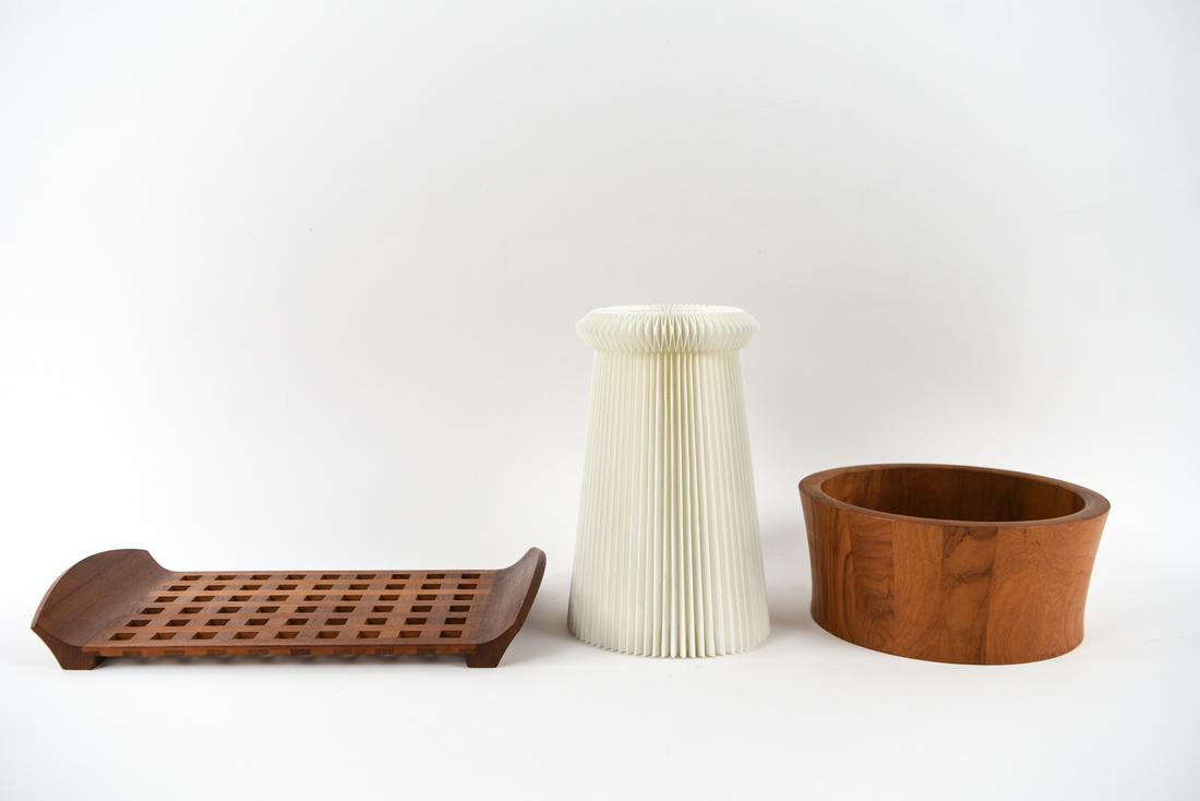 DANISH MID-CENTURY TEAK ETC. GROUPING: Including Le Klint lampshade, Jens Quistgaard lattice tray marked JHQ Denmark, and mid-century Richard Nissen teak bowl marked Denmark Nissen. Dimensions: (Bowl) H 5" x Dia. 11.5" Condition: Overall l
