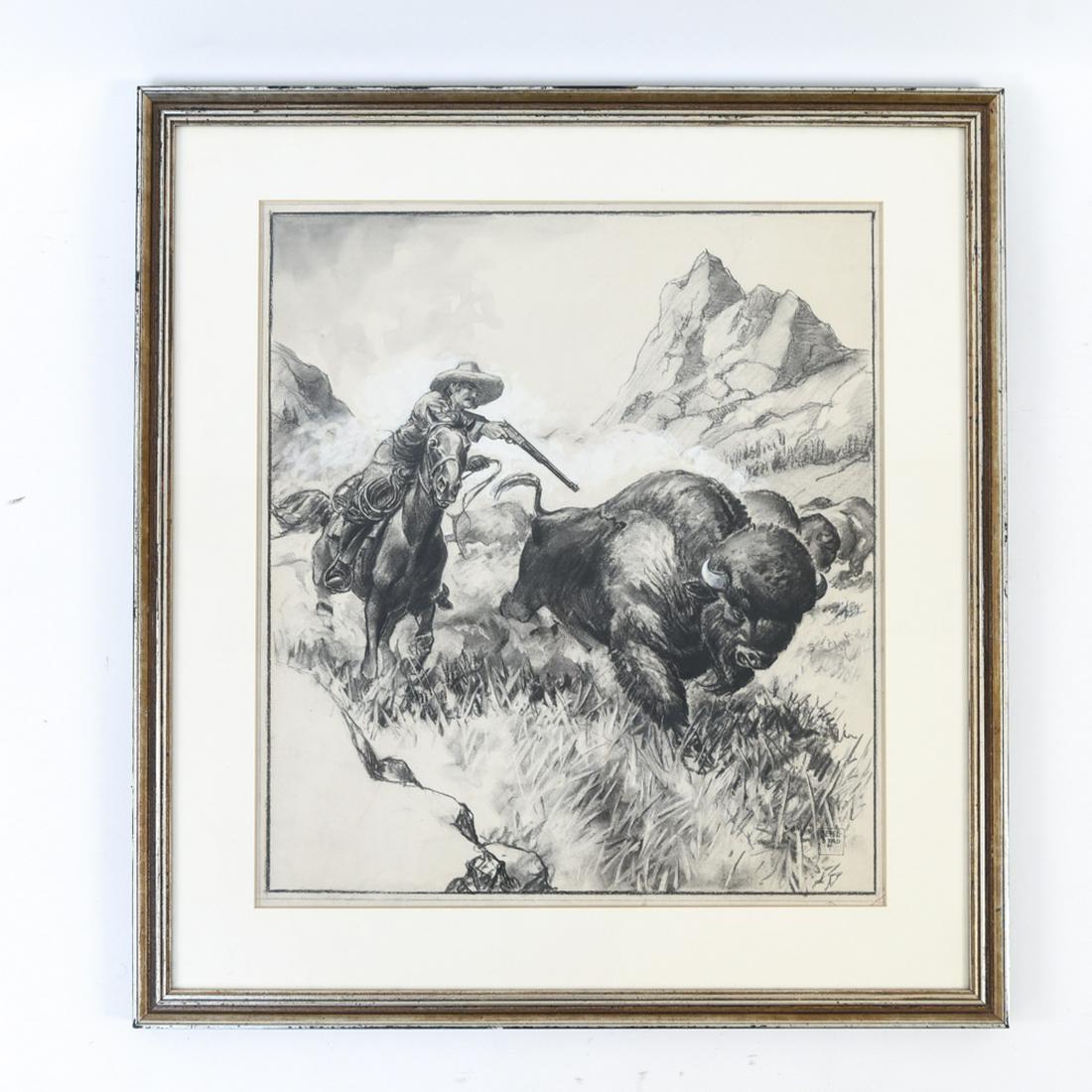BENJAMIN GOODWIN SEIELSTAD (1886-1960): Illustration of buffalo hunter in charcoal with gouache. Signed lower right. Dimensions: (Frame) H 27" x W 25", (Sight) H 20" x W 18" Condition: Paper lightly toned. Some rubbing to frame.
