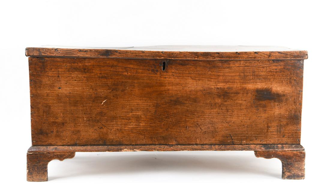 ANTIQUE BLANKET CHEST: Dimensions: H 18" x W 37" x D 16" Condition: Surface wear throughout including gouges, stress cracks, finish loss, nicks, and dings. Some losses to wood.
