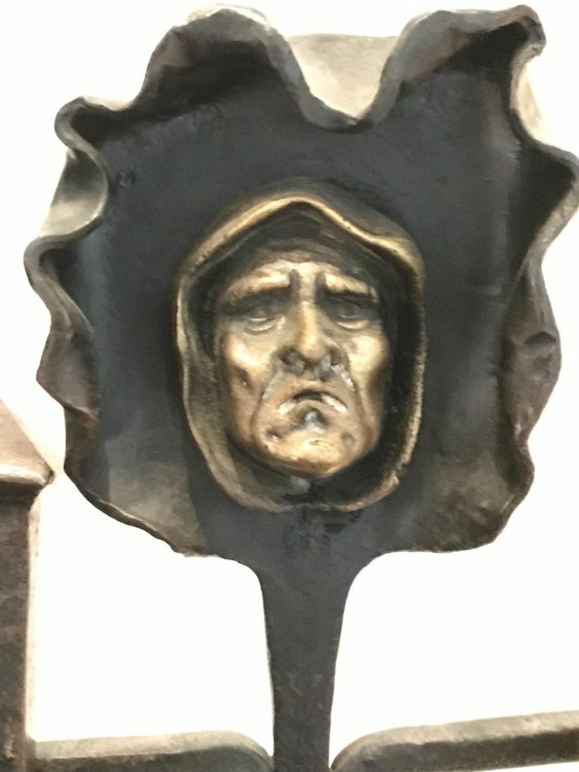 ARTS & CRAFTS HOODED MONK ANDIRONS & FIRETOOLS: Also includes modern fireplace screen. Dimensions: (Andirons) H 29" x W 11.5"