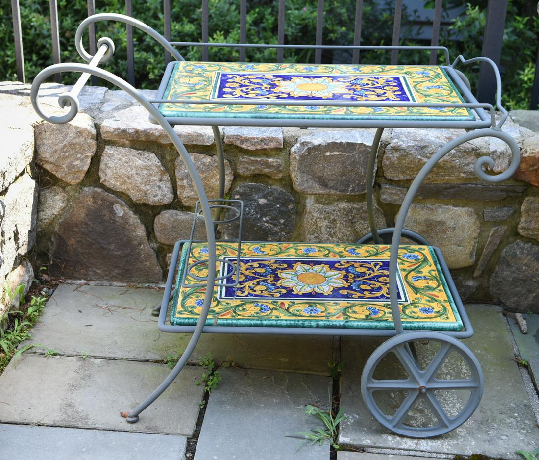 ITALIAN IRON AND CERAMIC TILE OUTDOOR BAR CART: Measures: 32.5" H x 39" W x 21.25" D ceramica casola positano italy some rust to iron wheels.