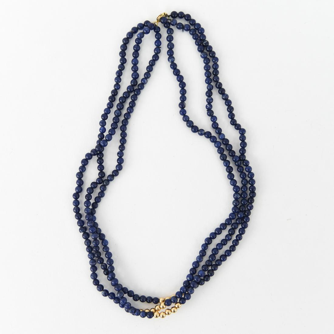 LAPIS BEADED 14K GOLD CLASP NECKLACE: 3 strand lapis and 14k gold bed necklace. Dimensions: L 16" Condition: needs restrung, some beads damaged