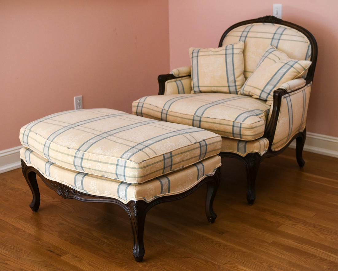 CARVED FRENCH STYLE BERGERE CHAIR AND OTTOMAN: chair Measures: 38" H x 36" W x 38" H x 21" Seat height Ottoman Measures: 19" x 36" x 24" Good condition