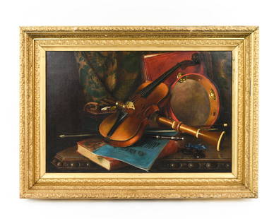 ATTR. WILLIAM MICHAEL HARNETT (1848-1892): Possible remains of monogram lower right. Oil on canvas. Still life with musical instruments and books. Dimensions: (Frame) H 27"x W 37", (Sight) H 19.25" x W 29.25" Condition: Losses to frame.