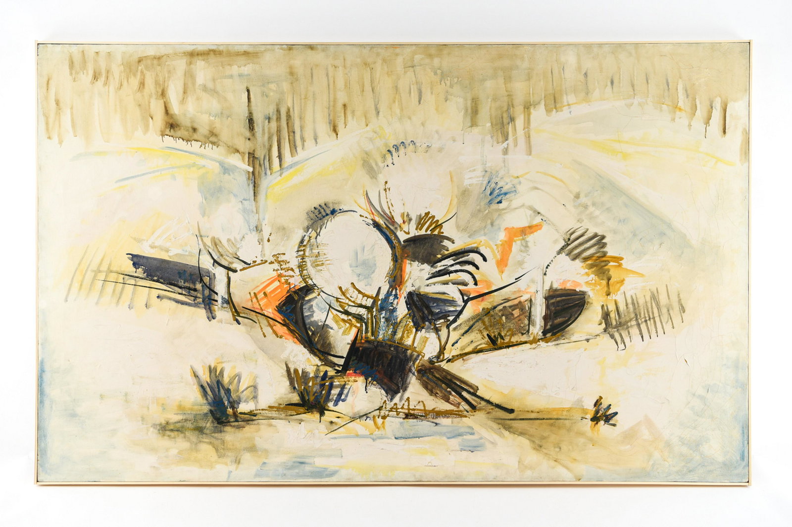 DAVID HARE (1917-1992) OIL ON CANVAS: Abstract oil on canvas. Signed in pencil verso. With gallery label from Saidenberg Gallery, NYC. With title of "Landscape With Trees," 1959. Dimensions: (Overall) H 40.5" x W 66" Condition: Surface di