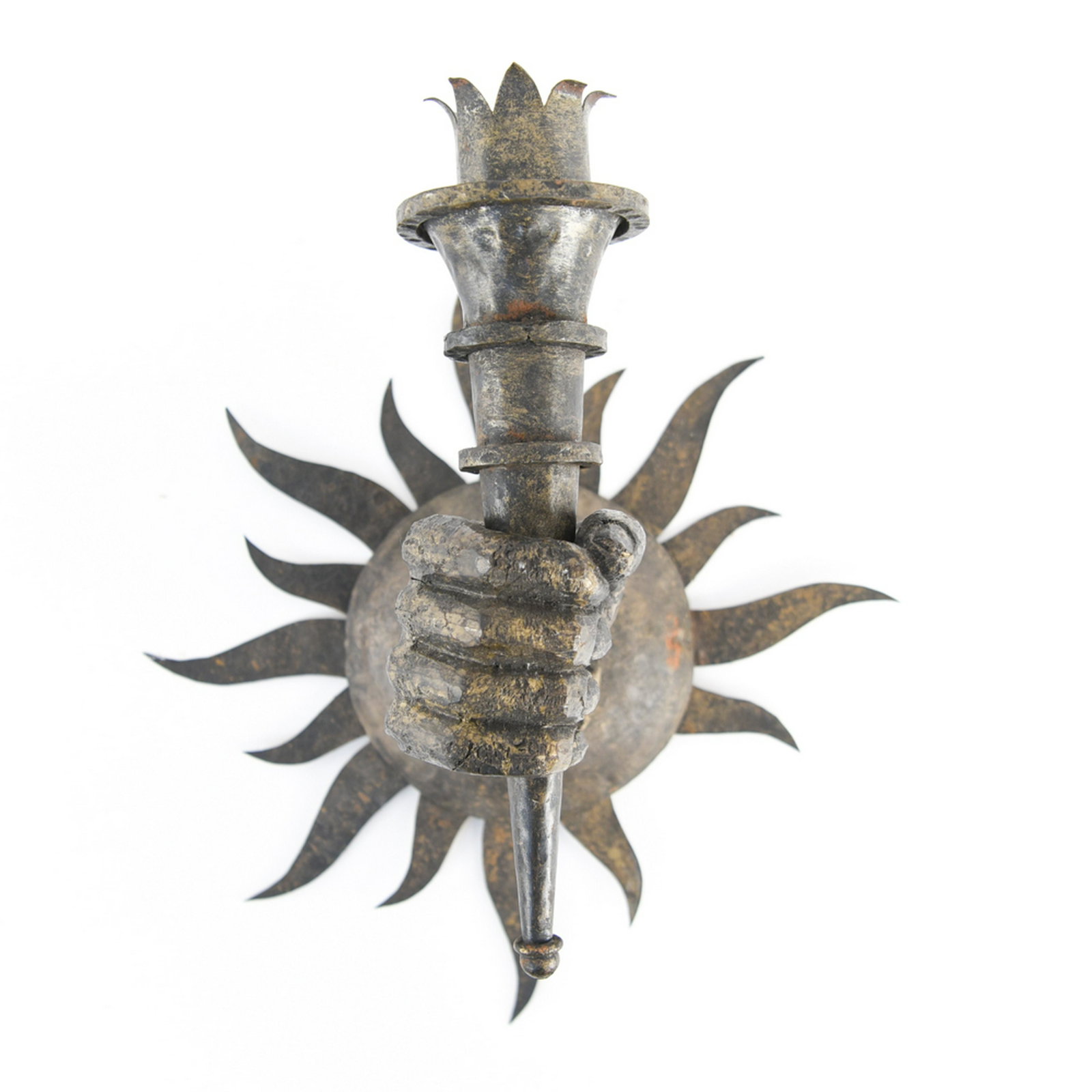 VINTAGE TORCH AND HAND SCONCE: Tin and wood with faux antique finish Dimensions: H 16" x W 14" x D 8.5" Condition: age related wear and a few small spots of rust