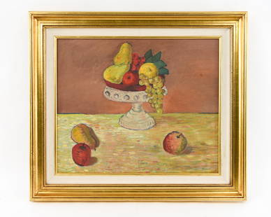 MODERN PRIMITIVE STILL LIFE: Mid-century painting. Still life with fruit. Previously attributed to Philip Guston, c. 1967/1970. Dimensions: (Frame) H 28" x W 31.5", (Sight) H 19.5" x W 23.5" Condition: Couple stray marks.