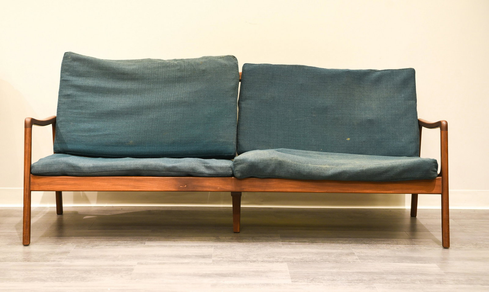 DANISH TEAK SOFA BY OLE WANSCHER: Dimensions: H 76" x W 30.5" x D 25.5" x SH 12" Condition: Cushions as-is, should be replaced. Couple scratches and dings. Light overall wear.