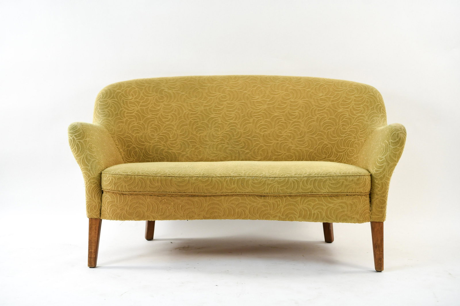 SLAGELSE MOBELFABRIK MODEL 188 SOFA: Danish, mid-century. Dimensions: H 32" x W 56" x D 31" x SH 16" Condition: Wear to upholstery on arms. Some thread loss and pulling to backside. Nicks and dings to the legs. Tear at seam near back lef