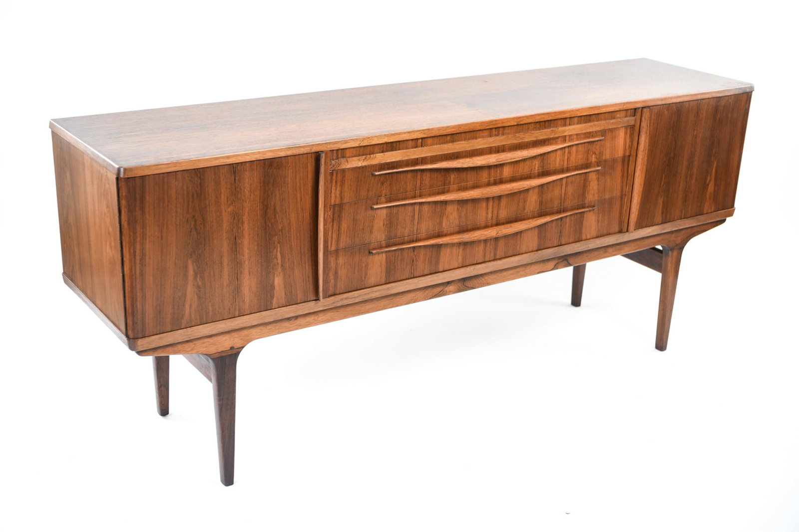 DANISH MID-CENTURY ROSEWOOD SIDEBOARD: Dimensions: H 31" x W 72" x D 17.5" Condition: Wear consistent with age and use. Light surface wear. E003