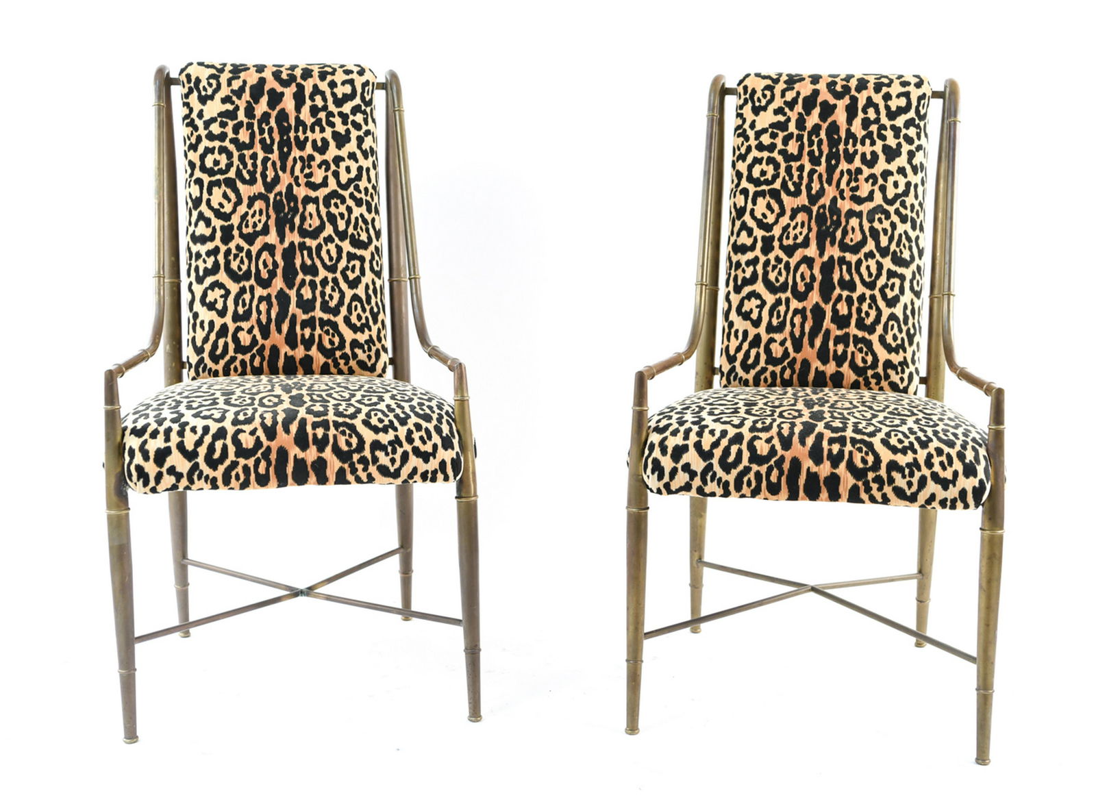 PAIR OF MASTERCRAFT BRASS FAUX BAMBOO ARM CHAIRS: Dimensions: H 45" x W 21.5" x D 21" x SH 20" Condition: Some light tarnish and patina to metal.