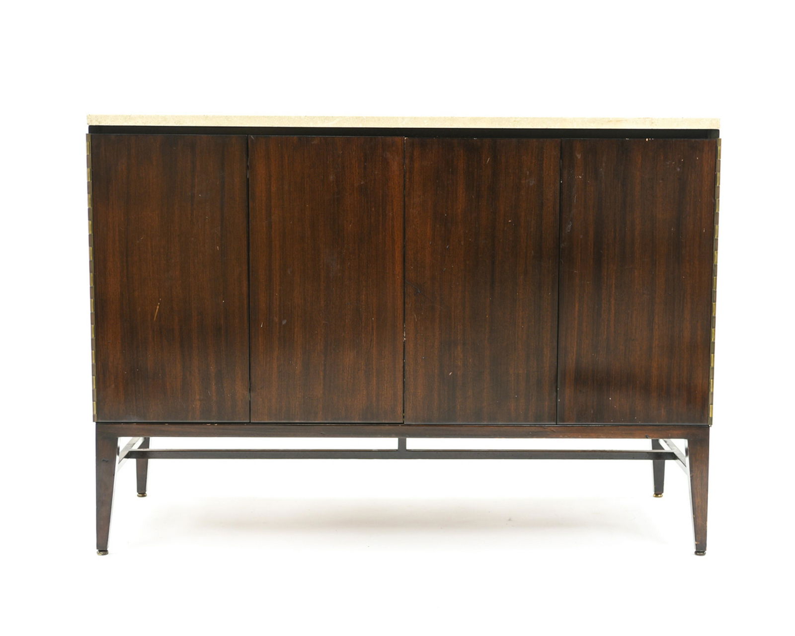 PAUL MCCOBB CALVIN TRAVERTINE BUFFET: Tagged on interior of top drawer. Calvin, Grand Rapids, The Irwin Collection, designed by Paul McCobb. Dimensions: H 34.5" x W 38" x D 18.75" Condition: Couple very small edge/corner chips to traverti