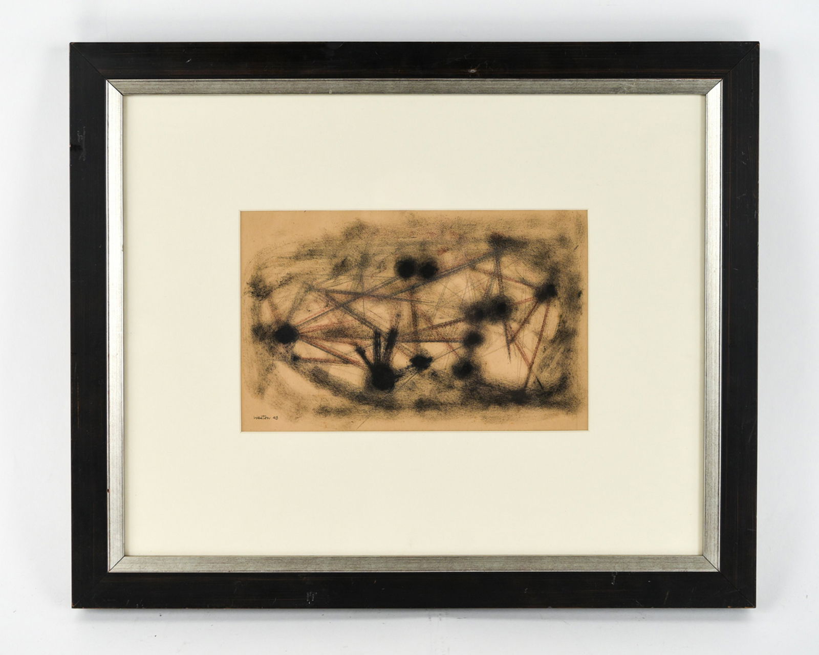 HAROLD WESTON (1894-1972) MODERNIST 1949: Abstract ink and colored pencil. Signed and dated lower left. Dimensions: (Frame) H 19" x W 23", (Sight) H 7.5" x W 11.5" Condition: Damage to frame. Some toning to paper.