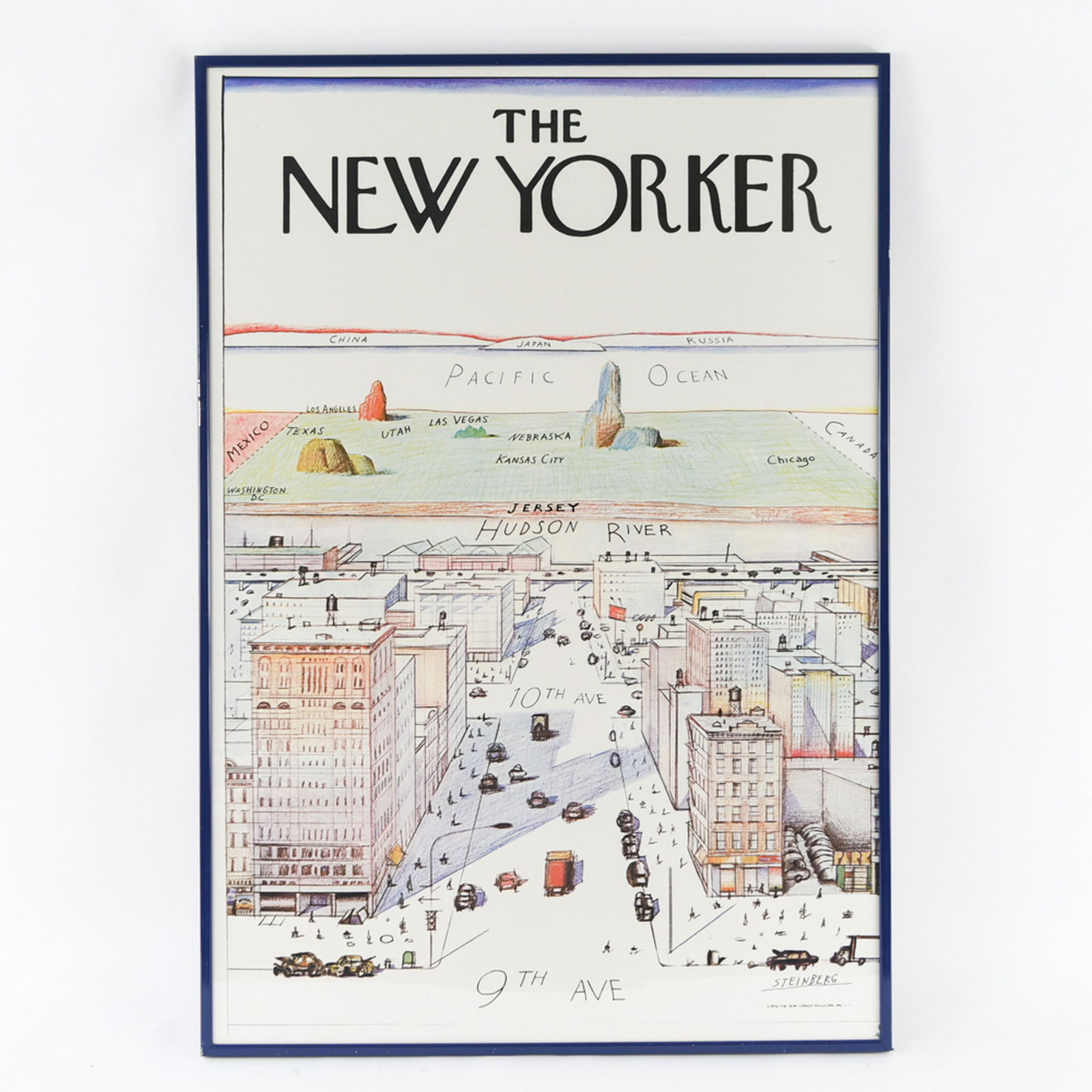 SAUL STEINBERG (1914-1999), NEW YORKER POSTER 1976: Original 1976 poster. Tile: "View of The World From 9th Ave." Dimensions: (Frame) H 42" x W 29.5" Condition: Poster clean. Frame rubbing. Glass chipped lower right corner.