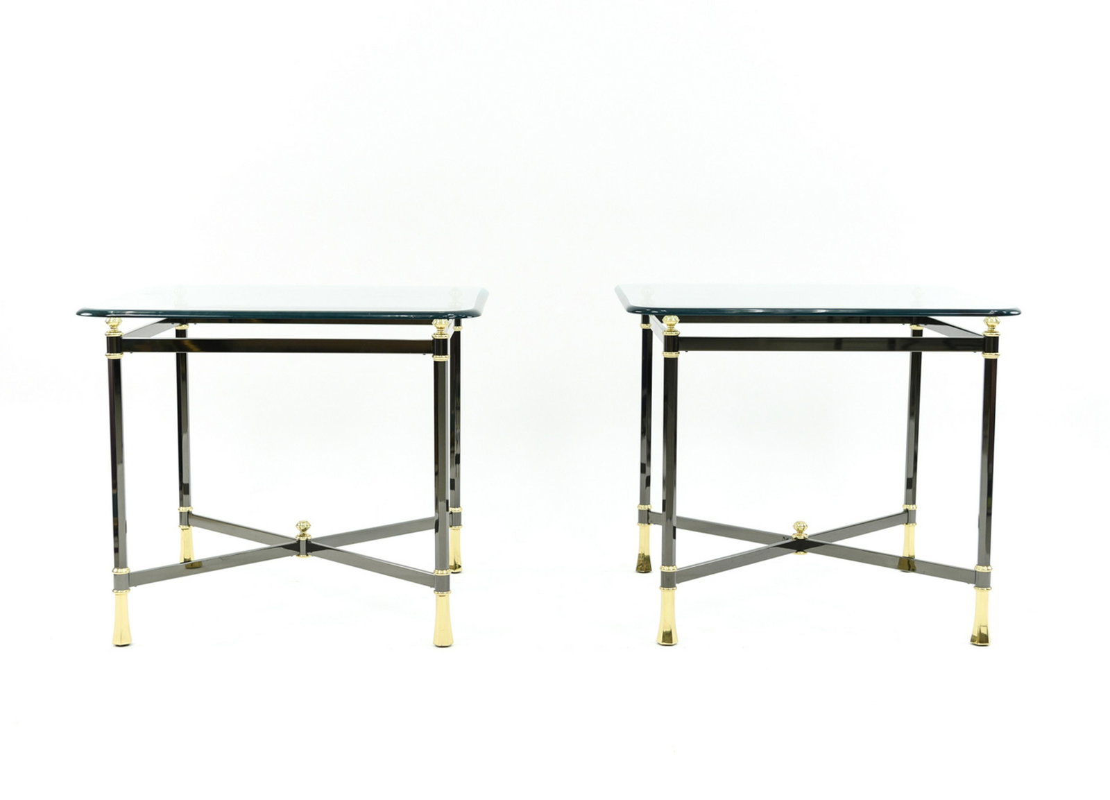(2) ITALIAN DESIGN END TABLES W/ BRASS ACCENTS: With 0.75" rounded beveled glass tops. Dimensions: H 23.5" x W 27" x D 27" Condition: Very light signs of age and use.